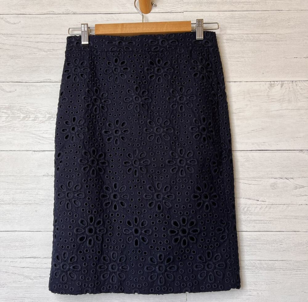 J Crew Skirt Womens SZ 00 Navy Blue No. 2 Pencil Mini Eyelet Lined Cotton Floral